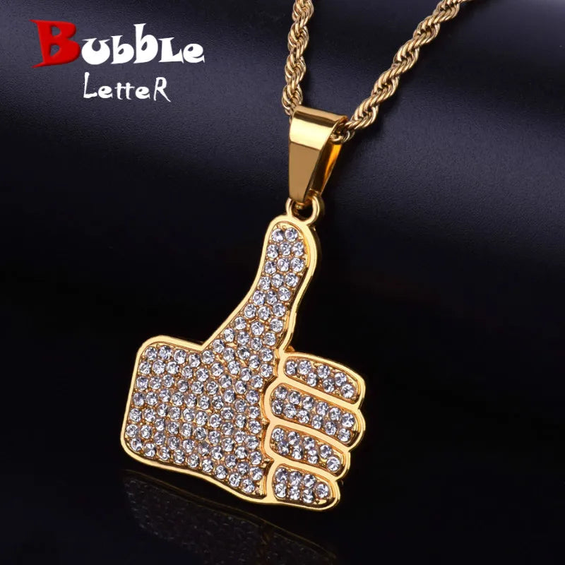Personality Thumbs Pendant Necklace Charm Alloy Gold Color Iced Rhinestone BlingBling Men's Hip Hop Jewelry Chain