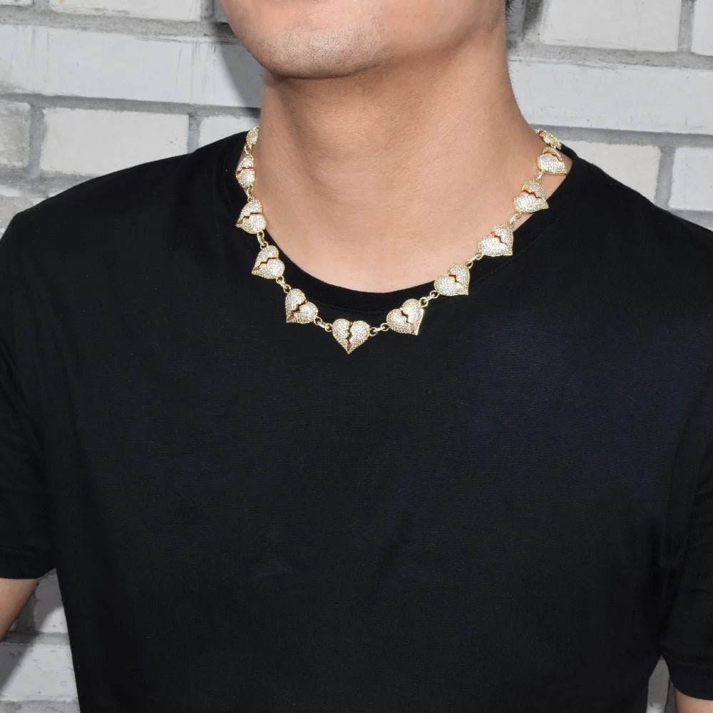 Bubble Letter Iced Out Broken Heart Cuban Link Chain for Men Necklace Choker Real Gold Plated Hip Hop Jewelry Free Shipping Item
