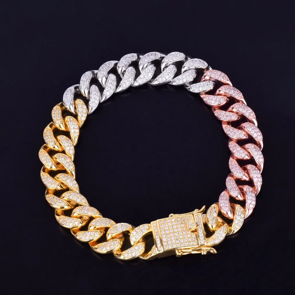 Mixed Color Miami Cuban Chain Bracelet Men's Hip hop Jewelry AAA Zirconia Colorful Bracelets 7" 8" 9"