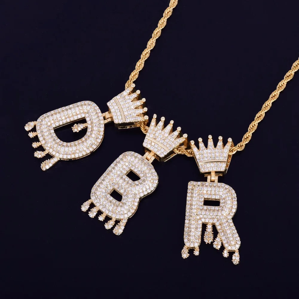 Bubble Letter Crown Bail Drip Initials Chain Necklaces & Pendant For Men Women Gold Color Cubic Zircon Hip Hop Jewelry
