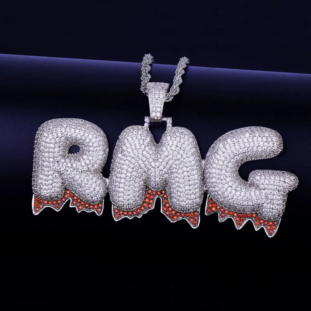 Bubble Letter Custom Name Necklace for Men Red Drippy Personalized Pendant Zircon Hip Hop Jewelry Iced Out Charms Free Shipping
