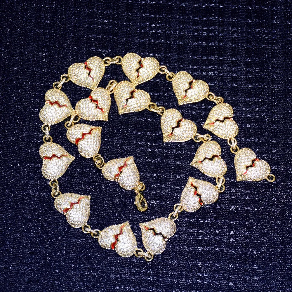 Bubble Letter Iced Out Broken Heart Cuban Link Chain for Men Necklace Choker Real Gold Plated Hip Hop Jewelry Free Shipping Item