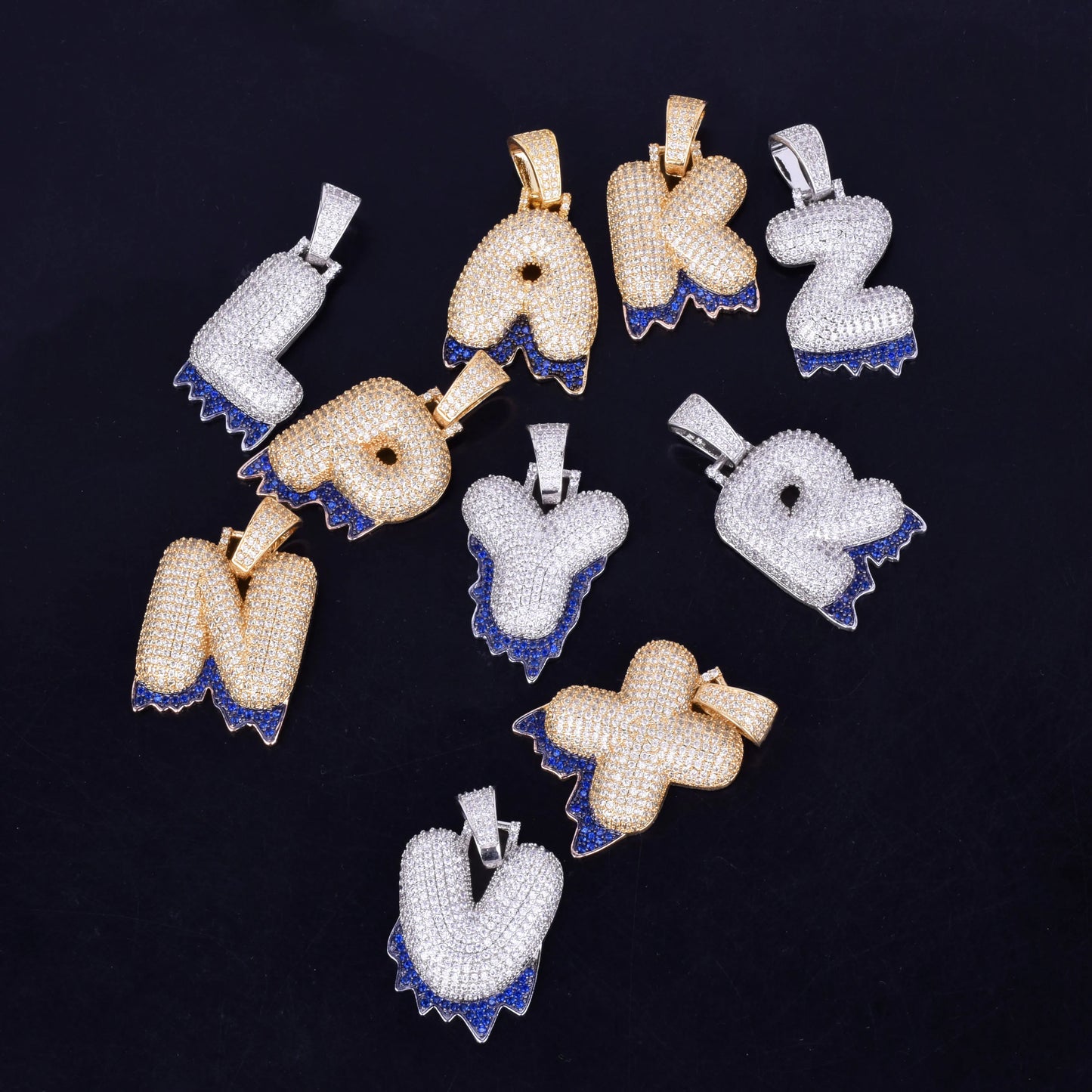 Single Blue Color Dripping Bubble Letters Necklaces & Pendant For Men Women Gold Color Cubic Zircon Hip Hop Jewelry