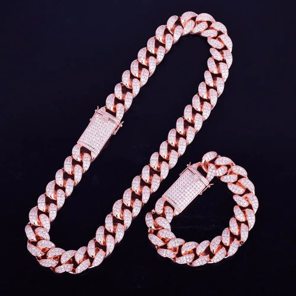 Cuban Chain Necklace Bracelet Jewelry Set Gold Color CZ Men's Hip Hop Rock Style