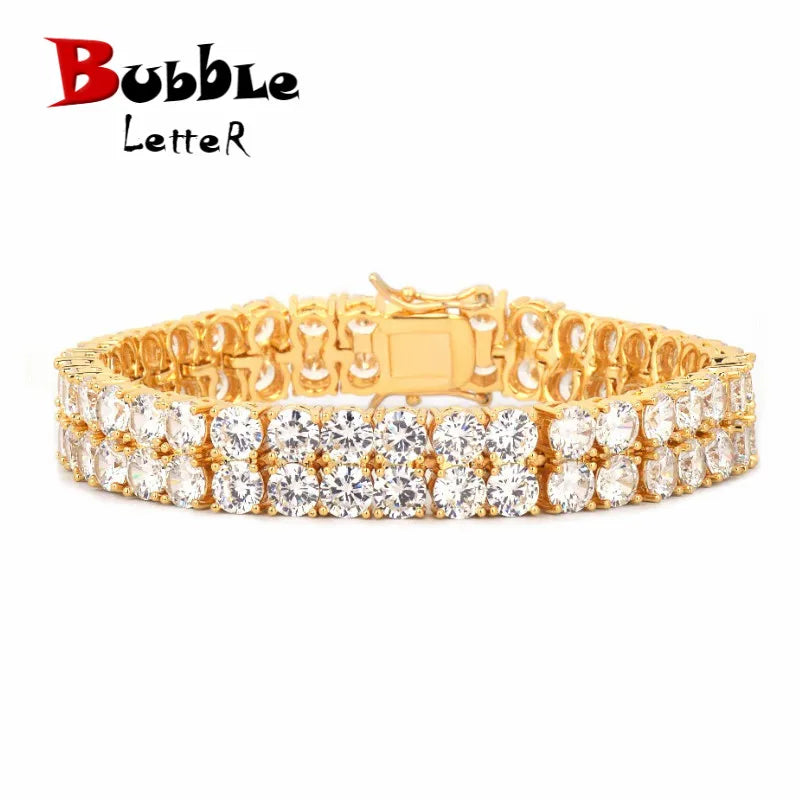 Bubble Letter Mens Zircon Tennis Bracelet Chain Charm Hip Hop Style Fashion Jewelry Iced Finish 2 Row Gold Color Tone AAA CZ 8"