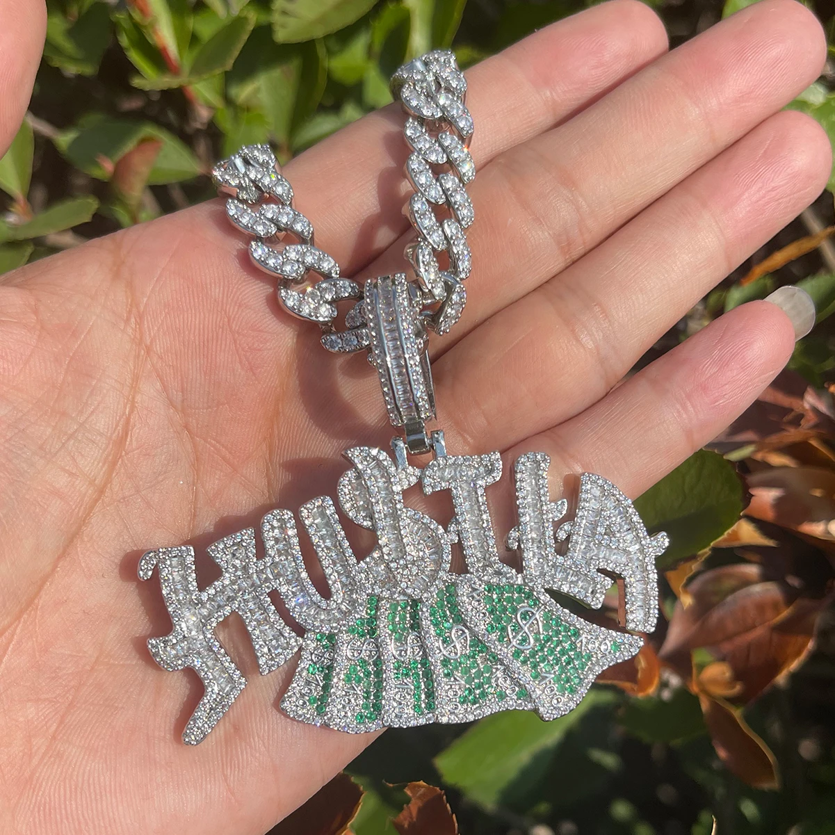 Bubble Letter Iced Out Necklace for Men Hustle US Dollar Pendant Prong Setting Real Gold Plated Hip Hop Jewelry