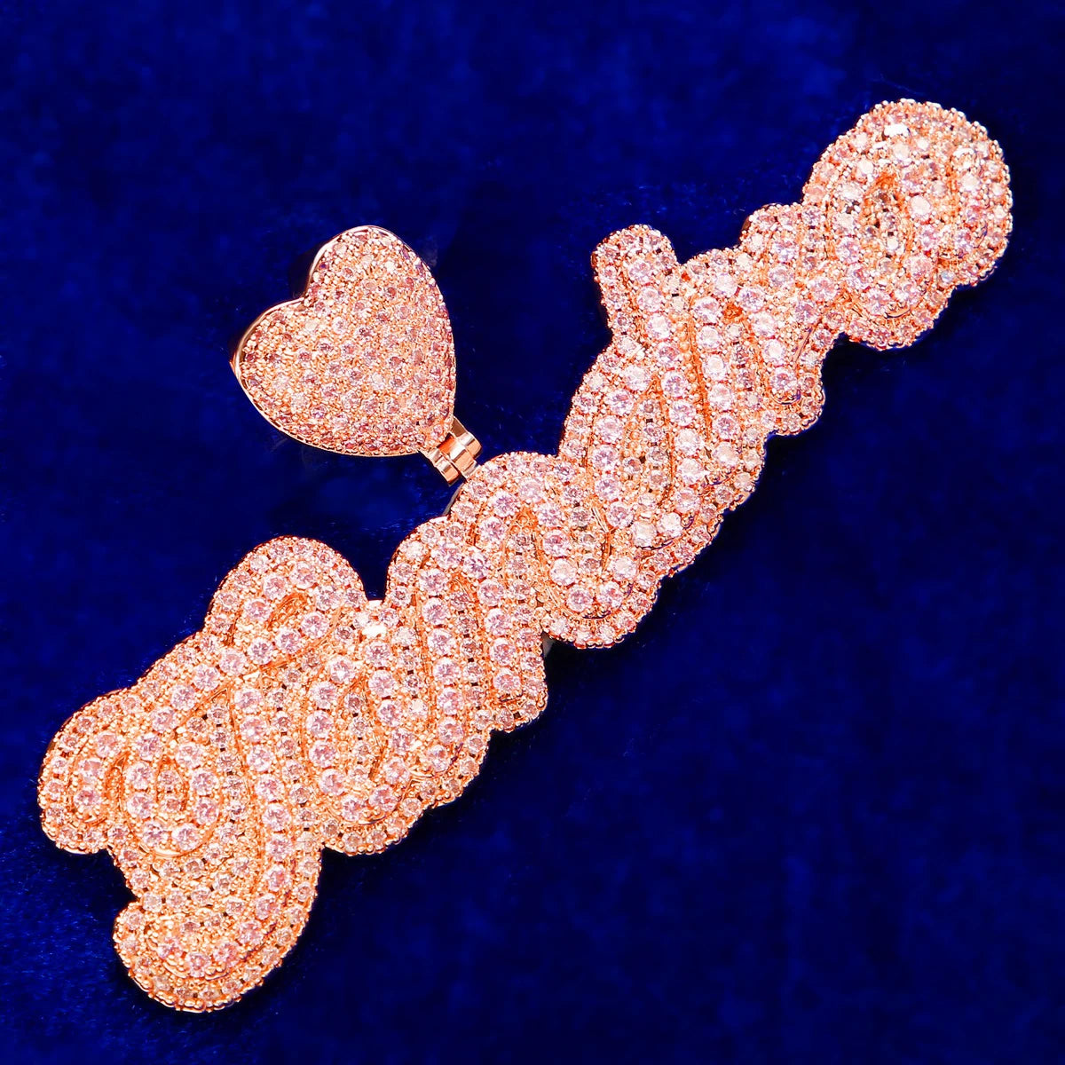 Bubble Letter Iced Custom Name Pendant Rose Gold Color Pink Stone Women Hip Hop Jewelry