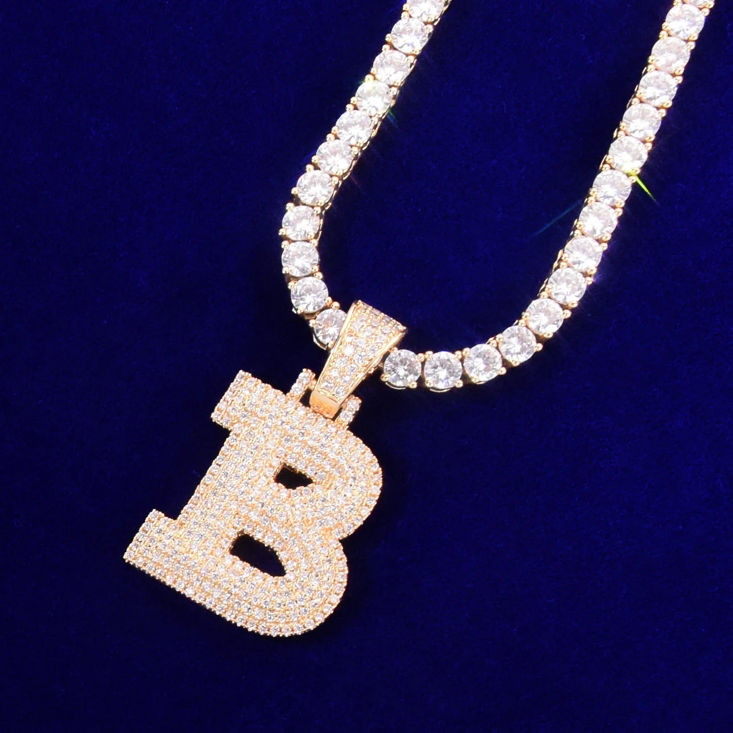 Single Three-layer Zircon Bubble Letters Pendant Necklaces With Tennis Chain For Men Gold Color Plated Hip Hop Jewelry