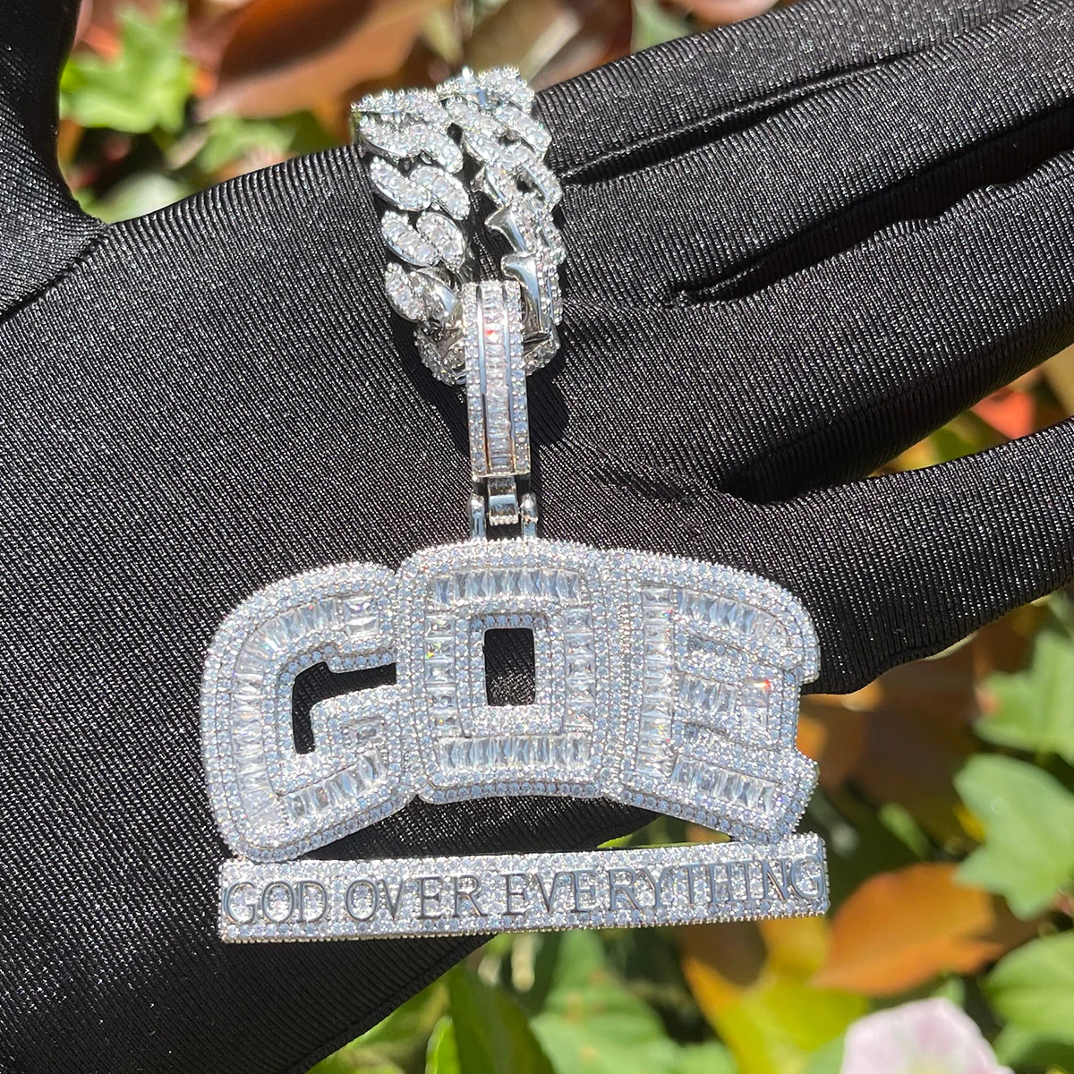 Bubble Letter Iced Out Necklace for Men God Over Everything Pendant Double Color Hip Hop Jewelry