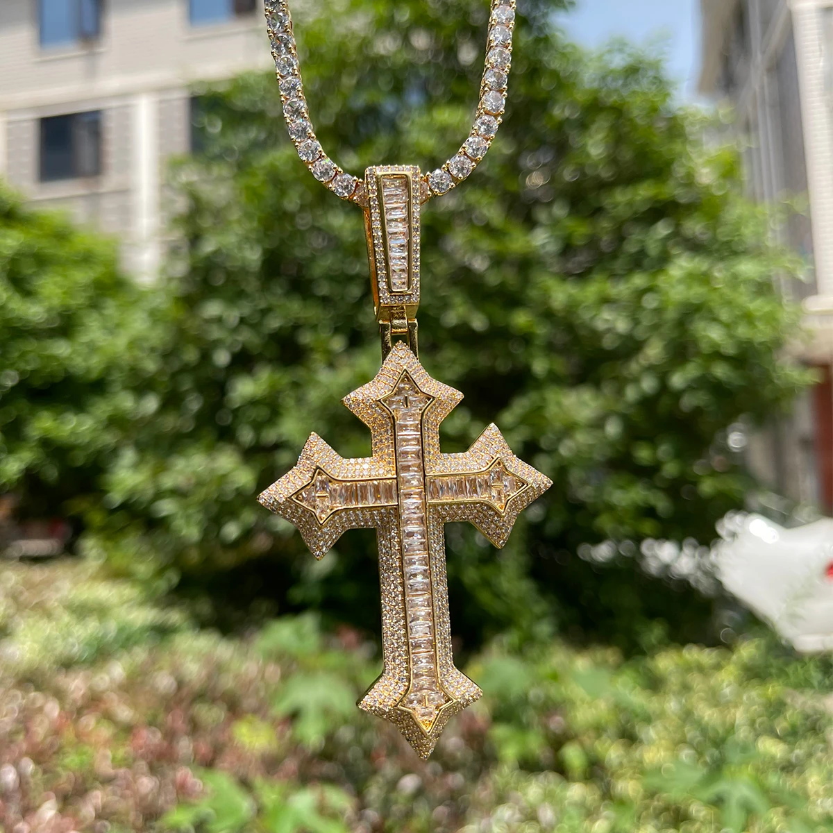 Bubble Letter Iced Out Cross Necklace for Men Prong Setting Real Copper Cubic Zirconia Hip Hop Jewelry Dropshipping Items