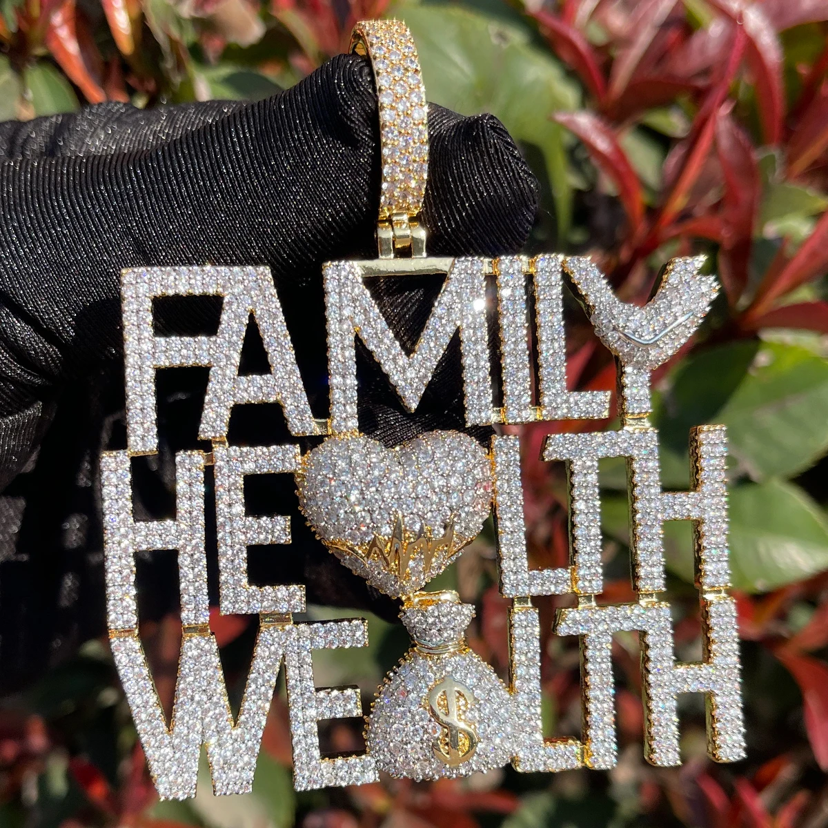 Bubble Letter Iced Out Pendant Family Health Wealth Necklace for Men Prong Setting Hip Hop Jewelry