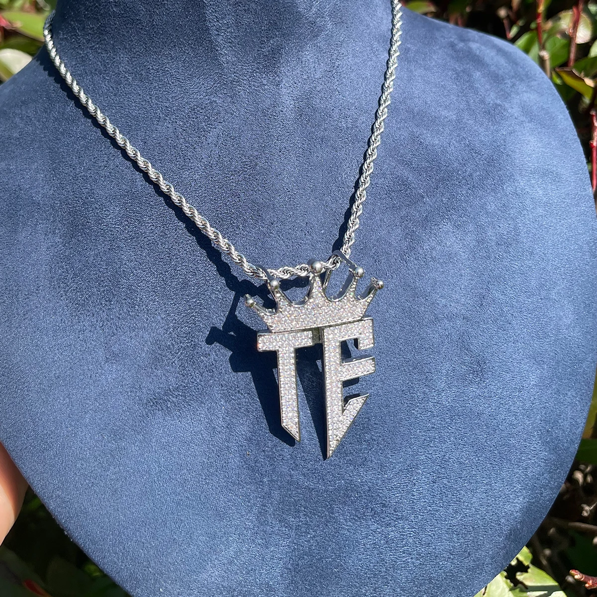 Bubble Letter Iced Out TE Necklace Pendant for Women Prong Cubic Zirconia Real Gold Plated Hip Hop Jewelry