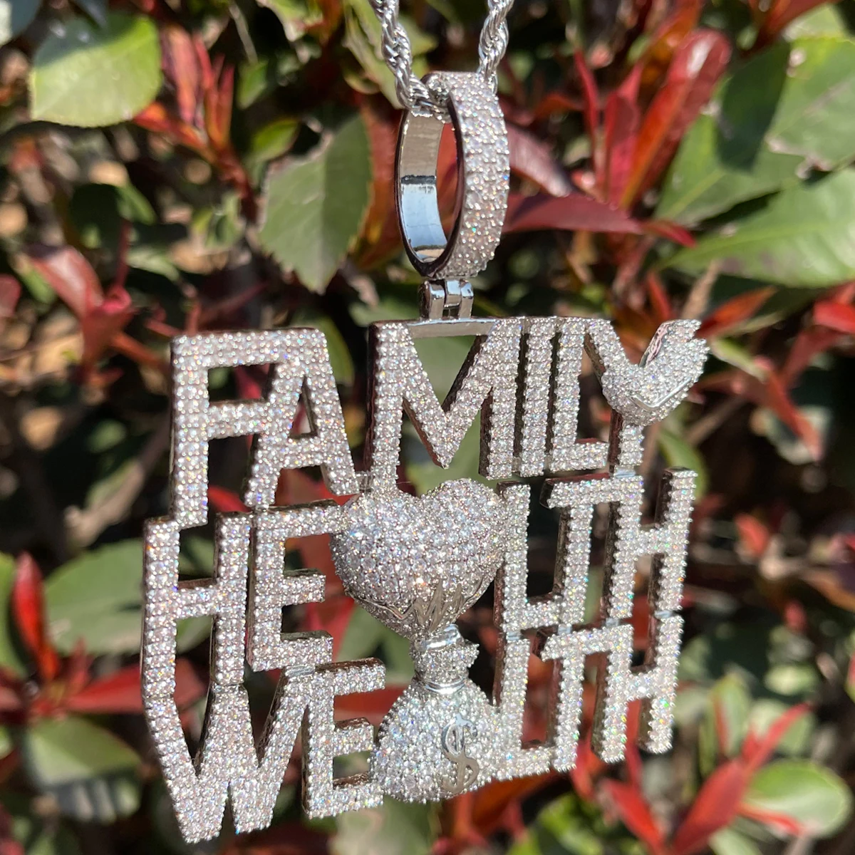 Bubble Letter Iced Out Pendant Family Health Wealth Necklace for Men Prong Setting Hip Hop Jewelry