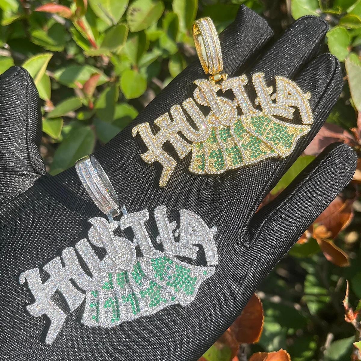 Bubble Letter Iced Out Necklace for Men Hustle US Dollar Pendant Prong Setting Real Gold Plated Hip Hop Jewelry