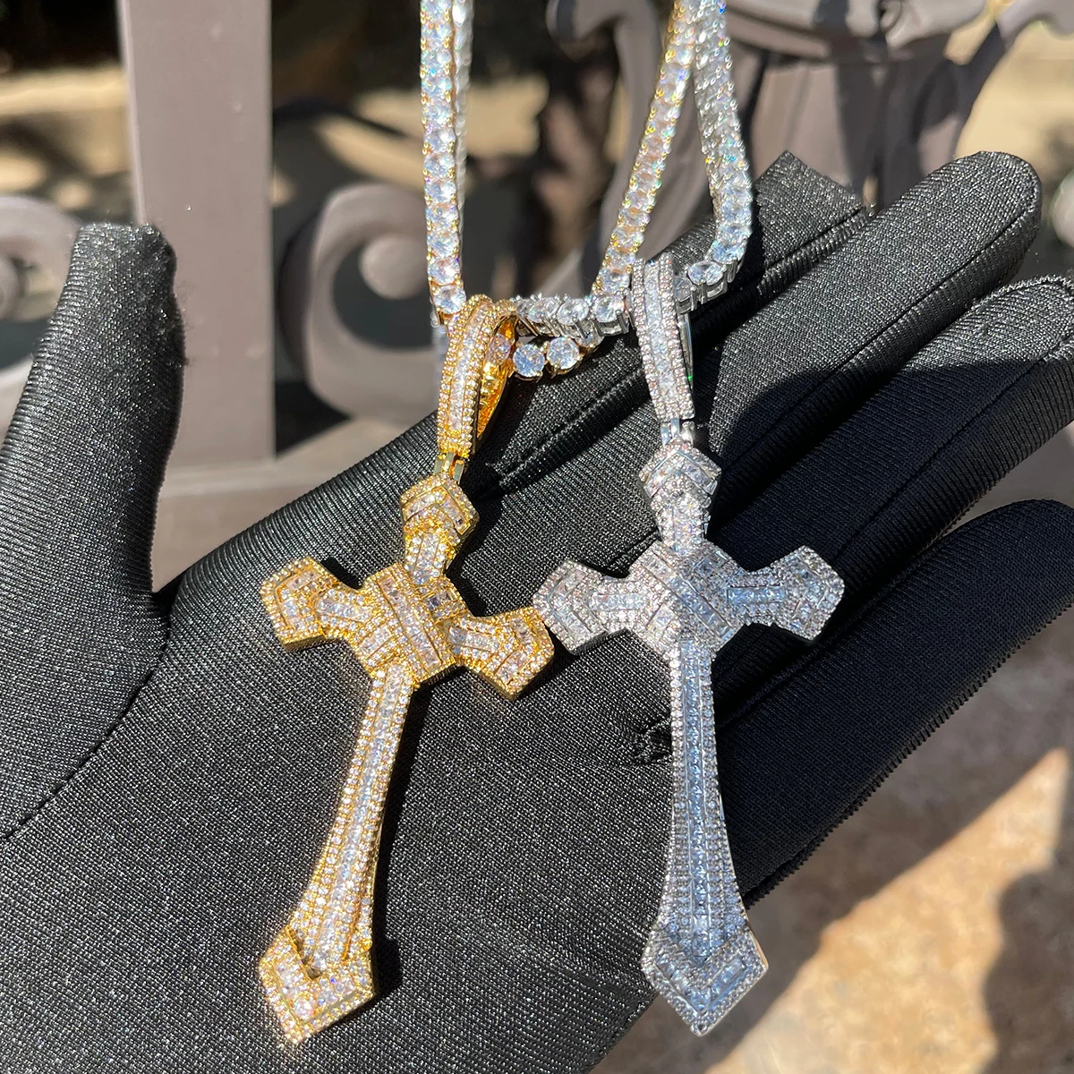 Bubble Letter Iced Out Cross Necklace for Men Baguette Pendant Prong Setting Real Gold Plated Copper Material Hip Hop Jewelry