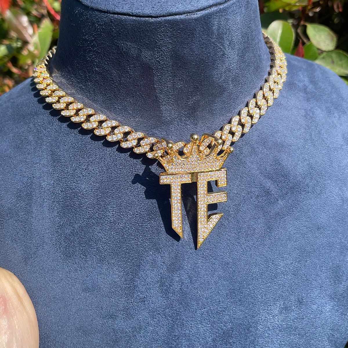 Bubble Letter Iced Out TE Necklace Pendant for Women Prong Cubic Zirconia Real Gold Plated Hip Hop Jewelry