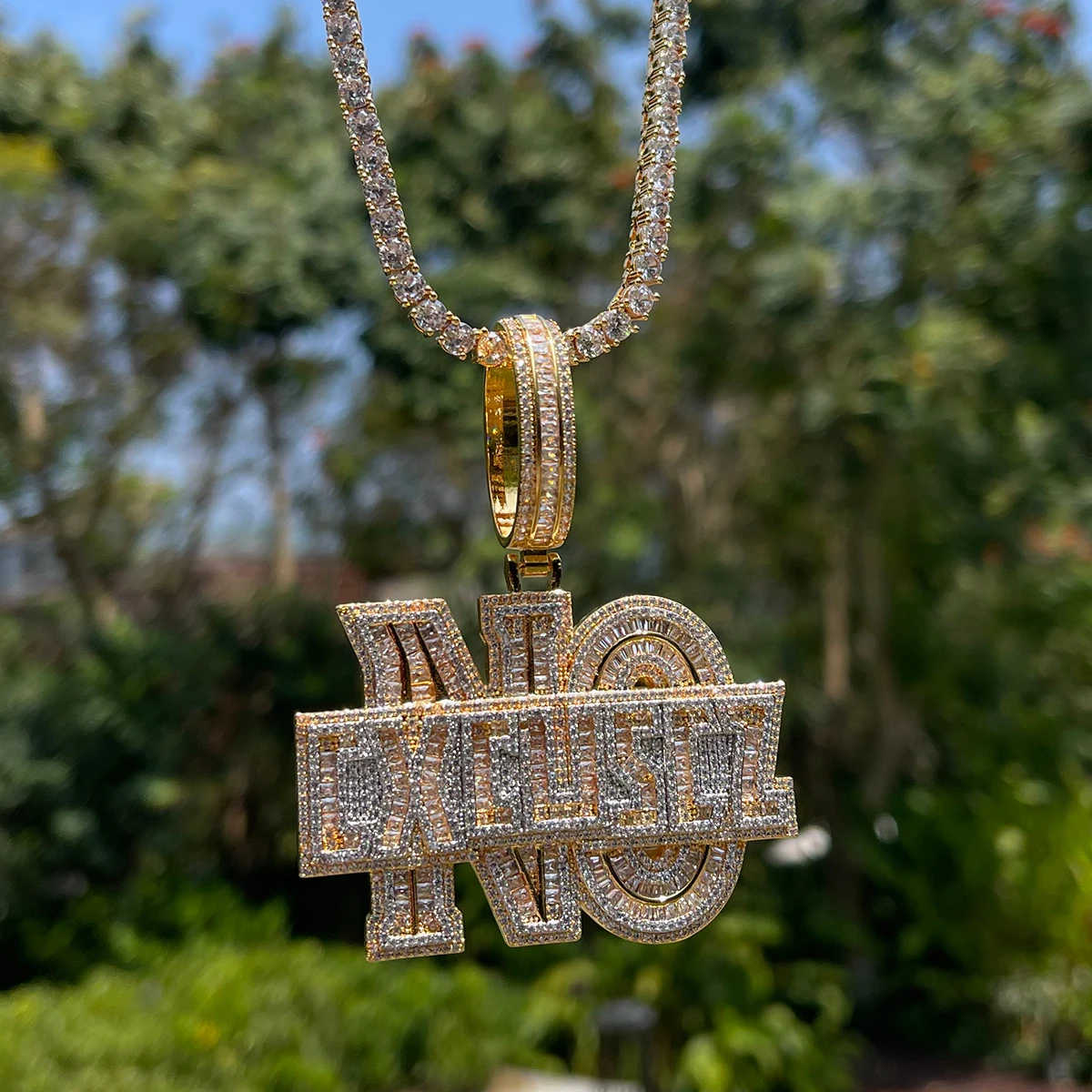 Bubble Letter No Excuse Necklace for Men Iced Out Pendant Real Gold Plated Cubic Zirconia Hip Hop Jewelry