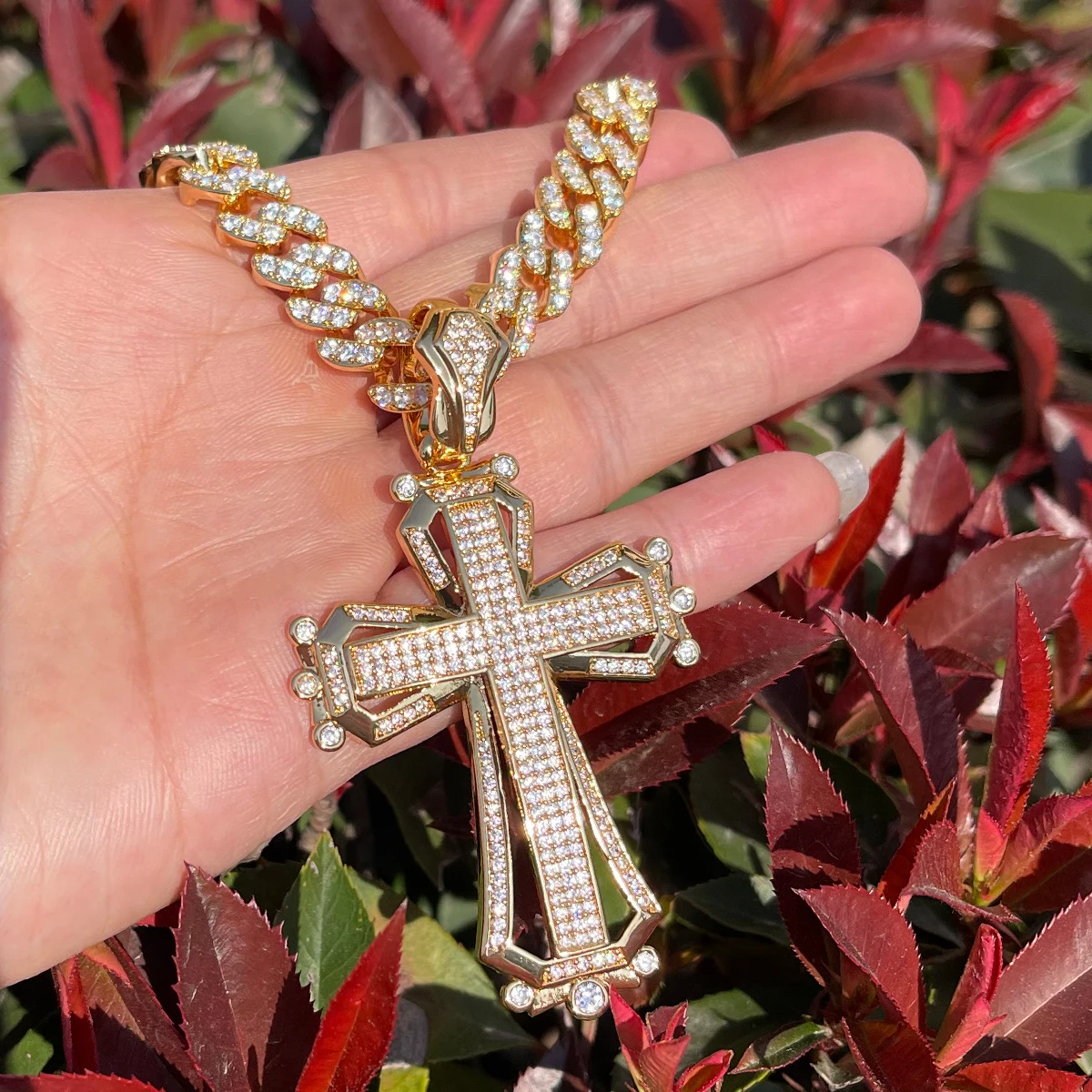 Bubble Letter Iced Out Cross for Men Cubic Zirconia Prong Setting Hollow Shape Real Gold Plated Hip Hop Jewelry 2023 Trend
