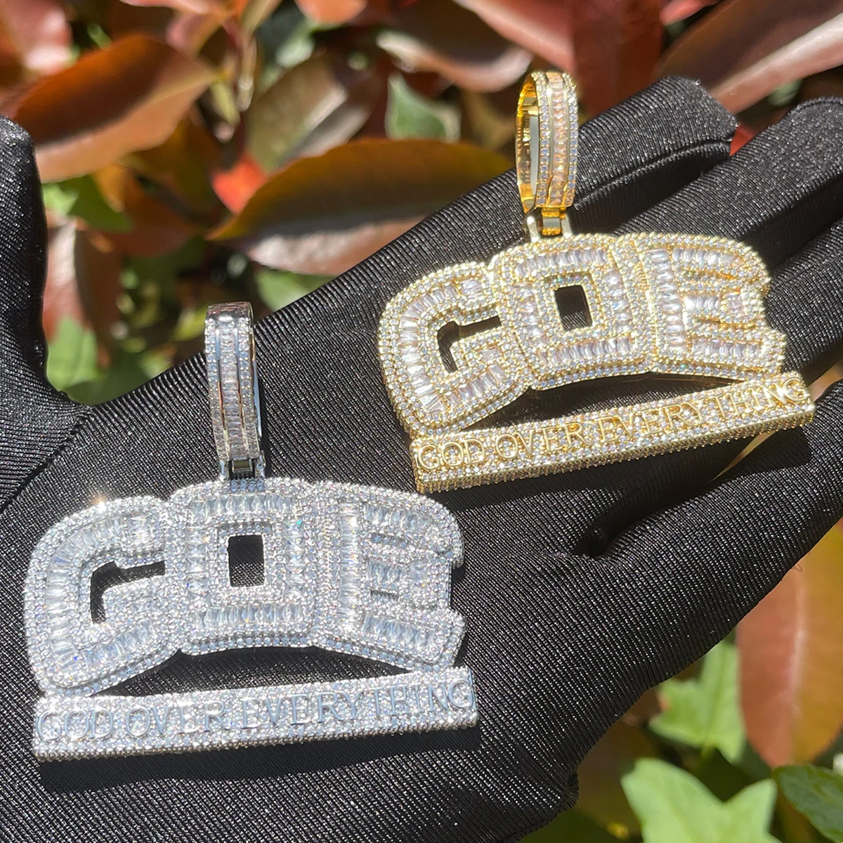 Bubble Letter Iced Out Necklace for Men God Over Everything Pendant Double Color Hip Hop Jewelry