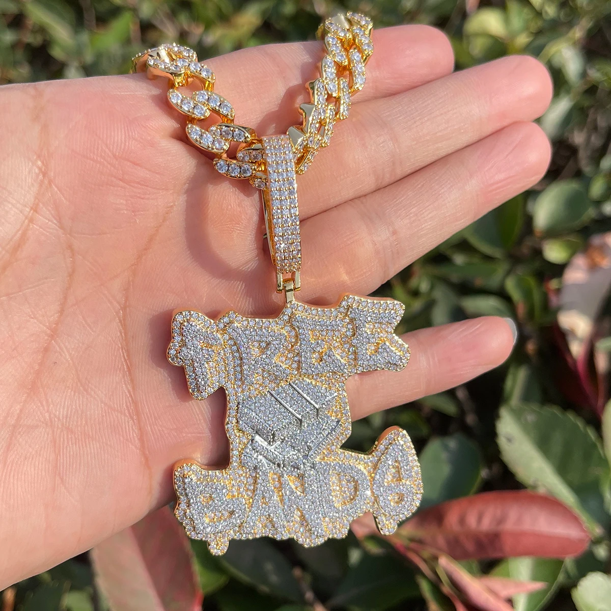Bubble Letter Iced Out Free Bands Necklace Pendant for Men Real Gold Plated Cubic Zirconia Hip Hop Jewelry