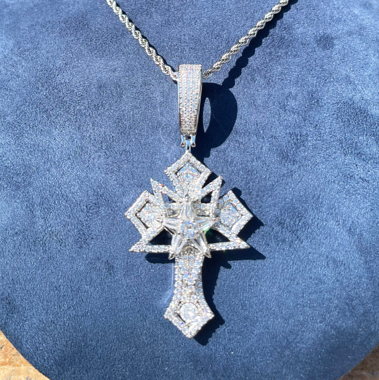 Bubble Letter Iced Out Star Cross Necklace Pendant for Men Prong Setting Cubic Zirconia Hip Hop Jewelry