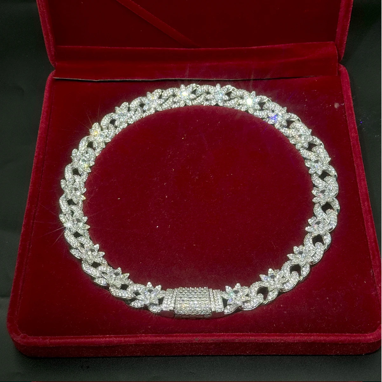 Bubble Letter Iced Out Flower Necklace Cuban Link Chain for Women Prong Setting Cubic Zirconia Hip Hop Jewelry