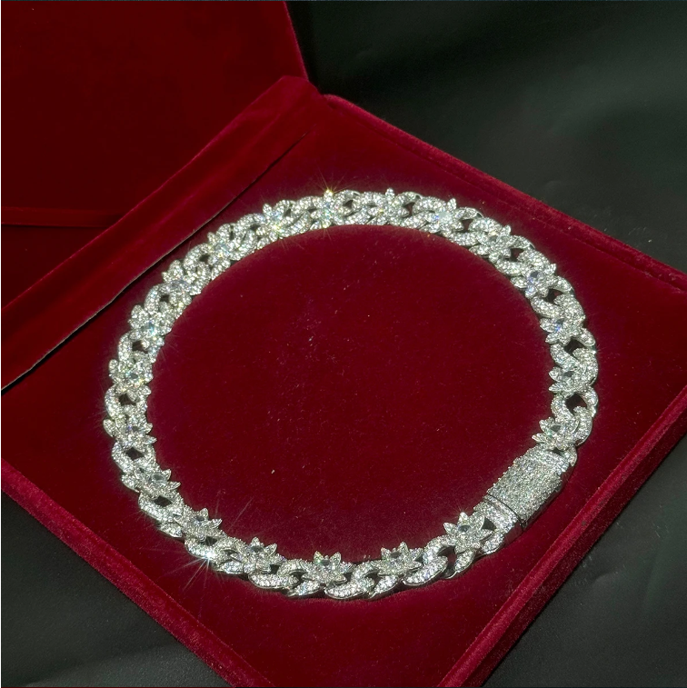 Bubble Letter Iced Out Flower Necklace Cuban Link Chain for Women Prong Setting Cubic Zirconia Hip Hop Jewelry