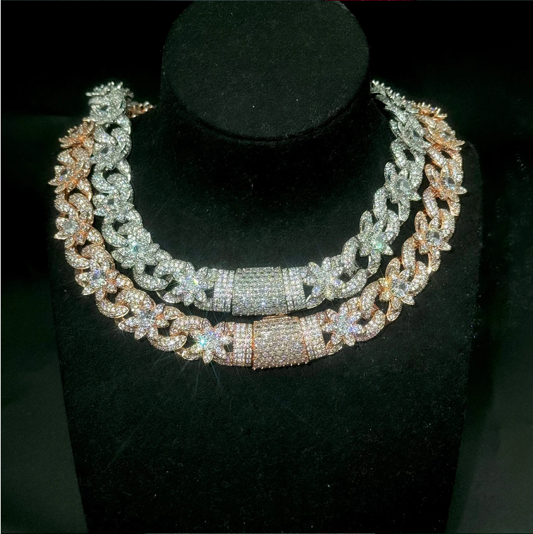 Bubble Letter Iced Out Flower Necklace Cuban Link Chain for Women Prong Setting Cubic Zirconia Hip Hop Jewelry