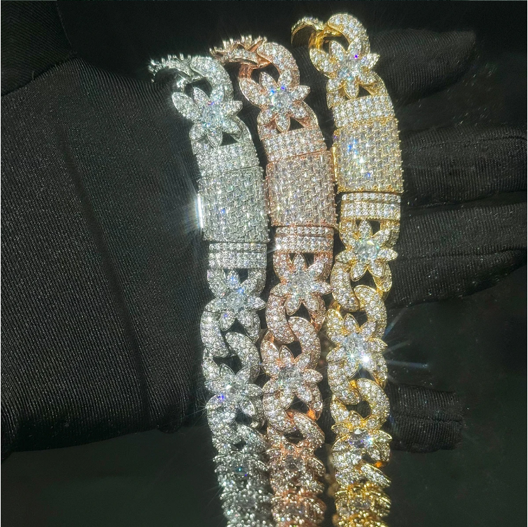 Bubble Letter Iced Out Flower Necklace Cuban Link Chain for Women Prong Setting Cubic Zirconia Hip Hop Jewelry