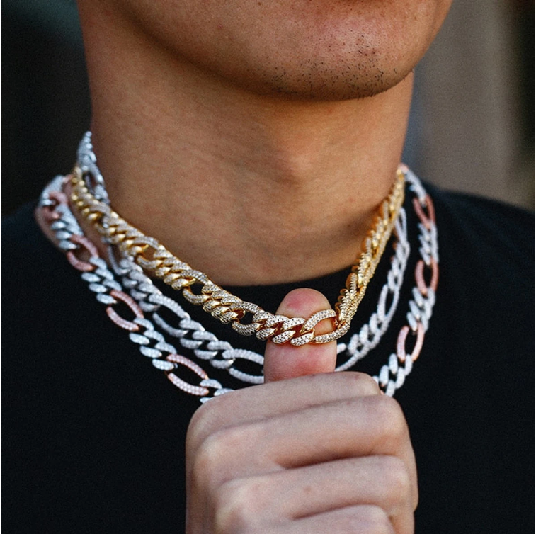 DUBSS Figaro Cuban Link Chain Men Necklace Real Gold Plated Hip Hop Zircon Real Copper Rock Fashion Jewelry