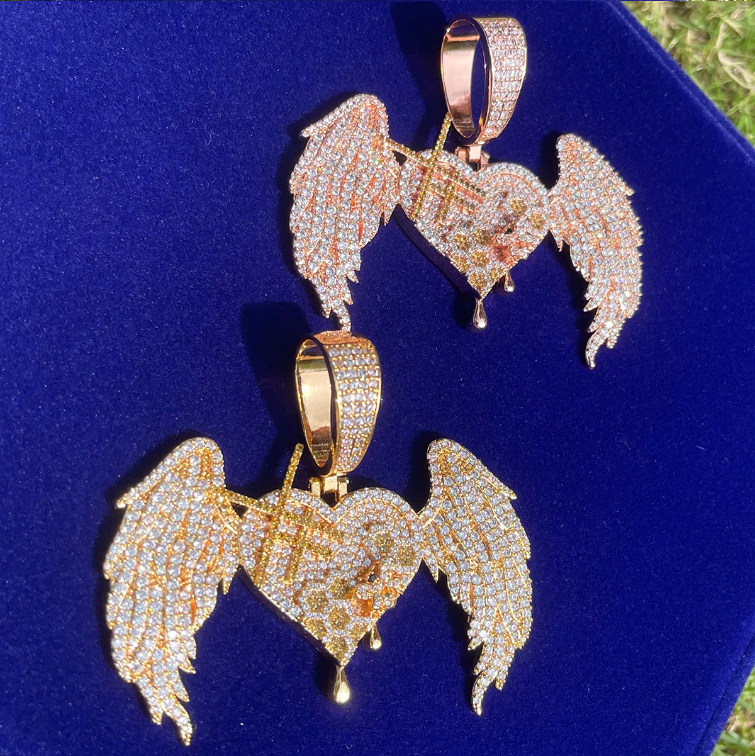Bubble Letter Iced Out Heart Wings Necklace Pendant for Women Real Gold Plated Cubic Zirconia Hip Hop Jewelry