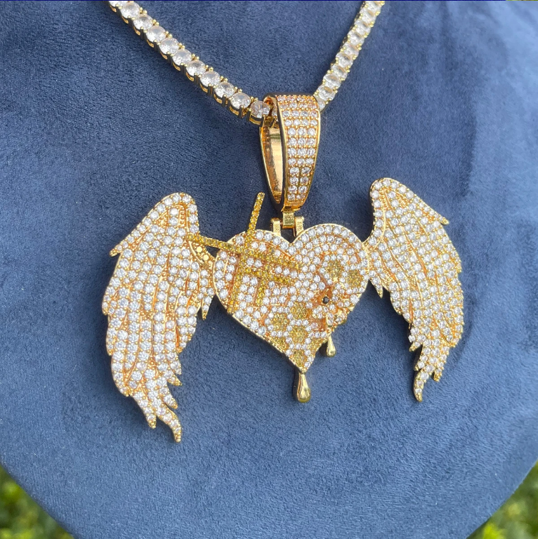 Bubble Letter Iced Out Heart Wings Necklace Pendant for Women Real Gold Plated Cubic Zirconia Hip Hop Jewelry