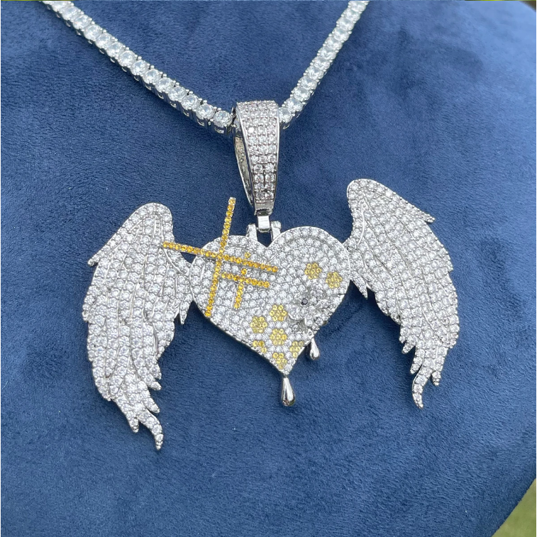 Bubble Letter Iced Out Heart Wings Necklace Pendant for Women Real Gold Plated Cubic Zirconia Hip Hop Jewelry