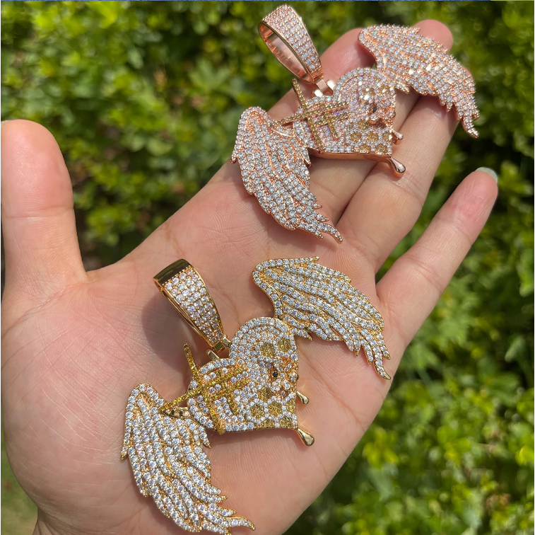 Bubble Letter Iced Out Heart Wings Necklace Pendant for Women Real Gold Plated Cubic Zirconia Hip Hop Jewelry