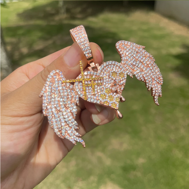 Bubble Letter Iced Out Heart Wings Necklace Pendant for Women Real Gold Plated Cubic Zirconia Hip Hop Jewelry