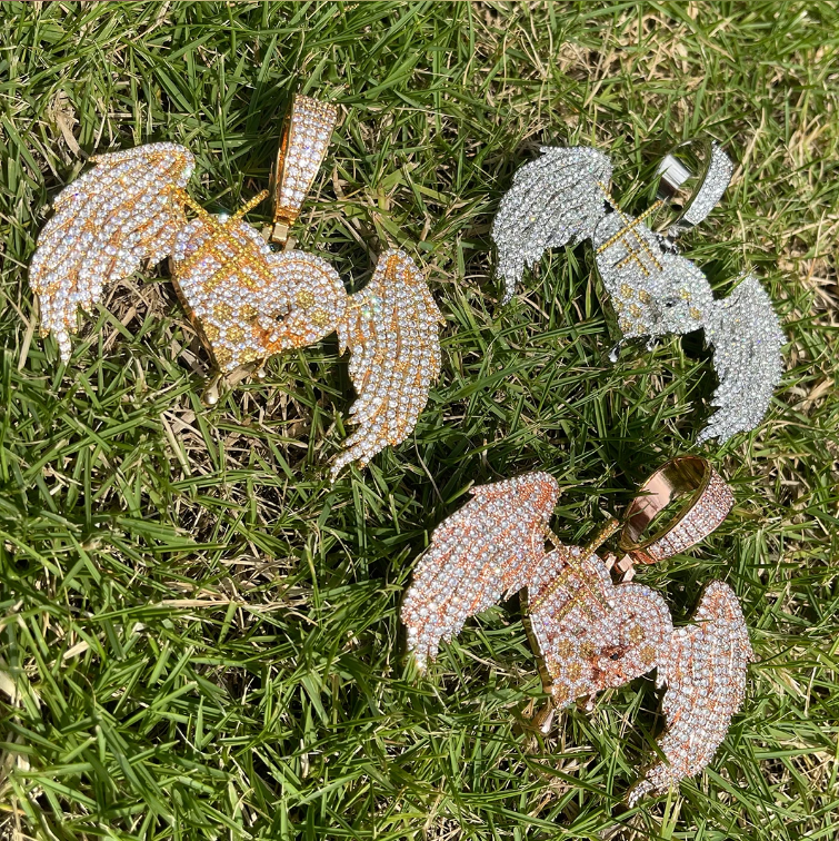 Bubble Letter Iced Out Heart Wings Necklace Pendant for Women Real Gold Plated Cubic Zirconia Hip Hop Jewelry