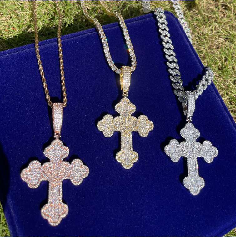 Bubble Letter Iced Out Heart Cross Necklace Pendant for Women Real Copper Cubic Zirconia Hip Hop Jewelry