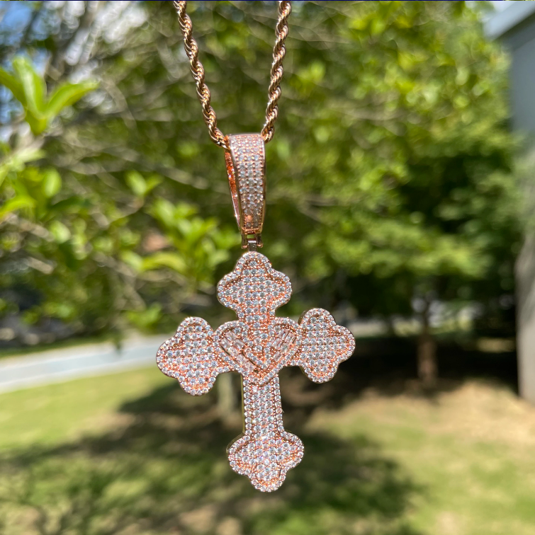 Bubble Letter Iced Out Heart Cross Necklace Pendant for Women Real Copper Cubic Zirconia Hip Hop Jewelry