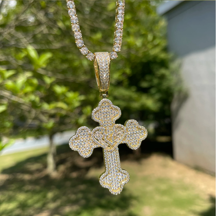 Bubble Letter Iced Out Heart Cross Necklace Pendant for Women Real Copper Cubic Zirconia Hip Hop Jewelry