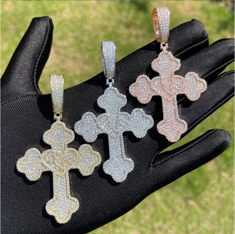 Bubble Letter Iced Out Heart Cross Necklace Pendant for Women Real Copper Cubic Zirconia Hip Hop Jewelry
