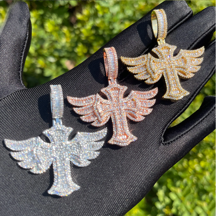 Bubble Letter Iced Out Cross Angle Wing Necklace Pendant for Men Real Gold Plated Hip Hop Jewelry