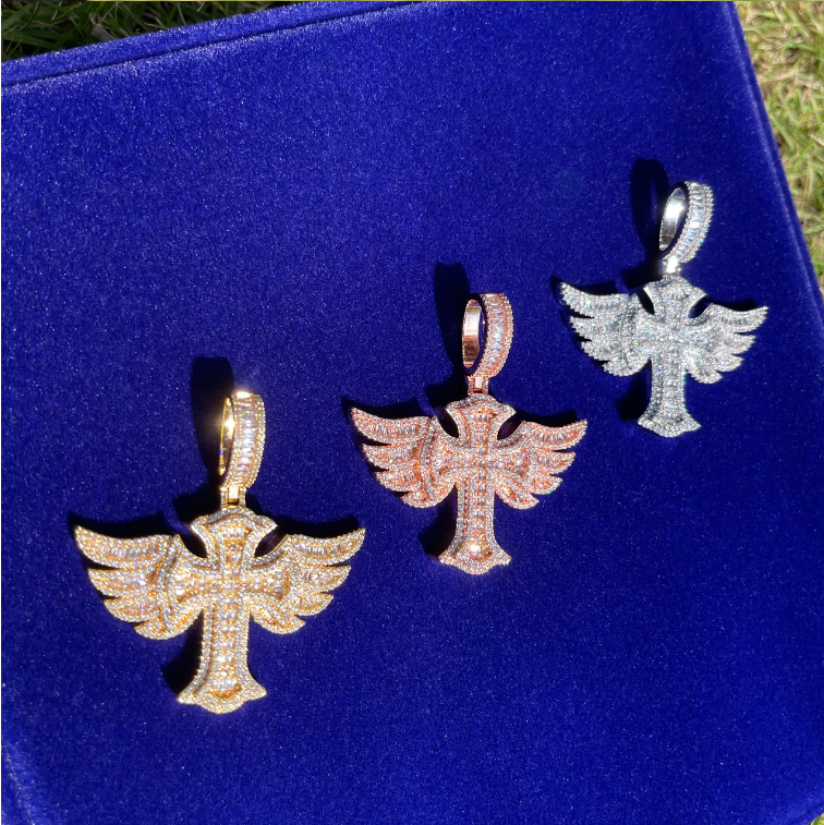 Bubble Letter Iced Out Cross Angle Wing Necklace Pendant for Men Real Gold Plated Hip Hop Jewelry