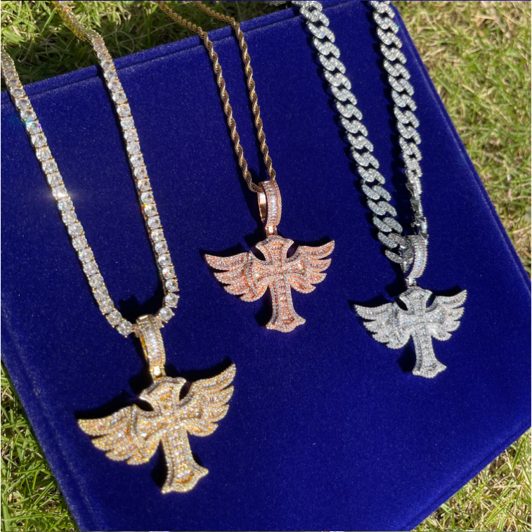 Bubble Letter Iced Out Cross Angle Wing Necklace Pendant for Men Real Gold Plated Hip Hop Jewelry
