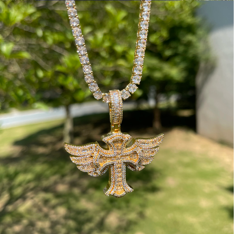 Bubble Letter Iced Out Cross Angle Wing Necklace Pendant for Men Real Gold Plated Hip Hop Jewelry