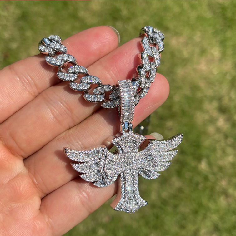 Bubble Letter Iced Out Cross Angle Wing Necklace Pendant for Men Real Gold Plated Hip Hop Jewelry