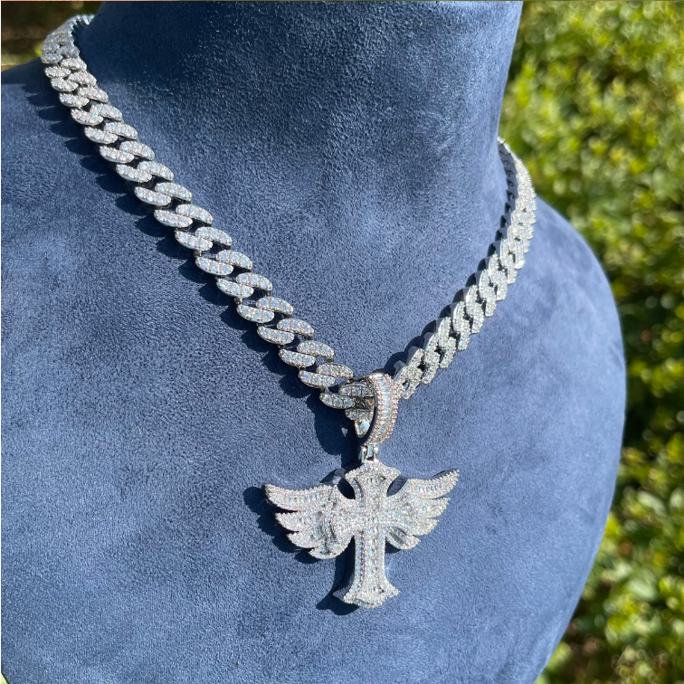 Bubble Letter Iced Out Cross Angle Wing Necklace Pendant for Men Real Gold Plated Hip Hop Jewelry