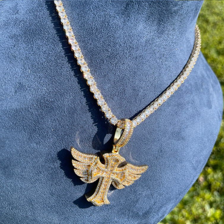 Bubble Letter Iced Out Cross Angle Wing Necklace Pendant for Men Real Gold Plated Hip Hop Jewelry