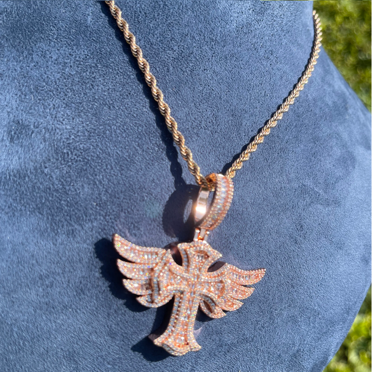 Bubble Letter Iced Out Cross Angle Wing Necklace Pendant for Men Real Gold Plated Hip Hop Jewelry