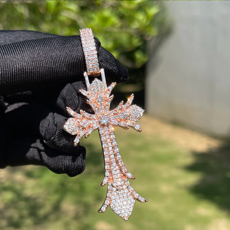 Bubble Letter Iced Out Cross Necklace Pendant for Men Real Copper Cubic Zirconia Hip Hop Jewelry