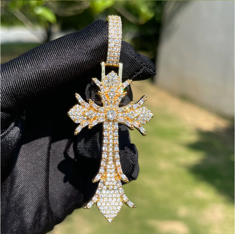 Bubble Letter Iced Out Cross Necklace Pendant for Men Real Copper Cubic Zirconia Hip Hop Jewelry